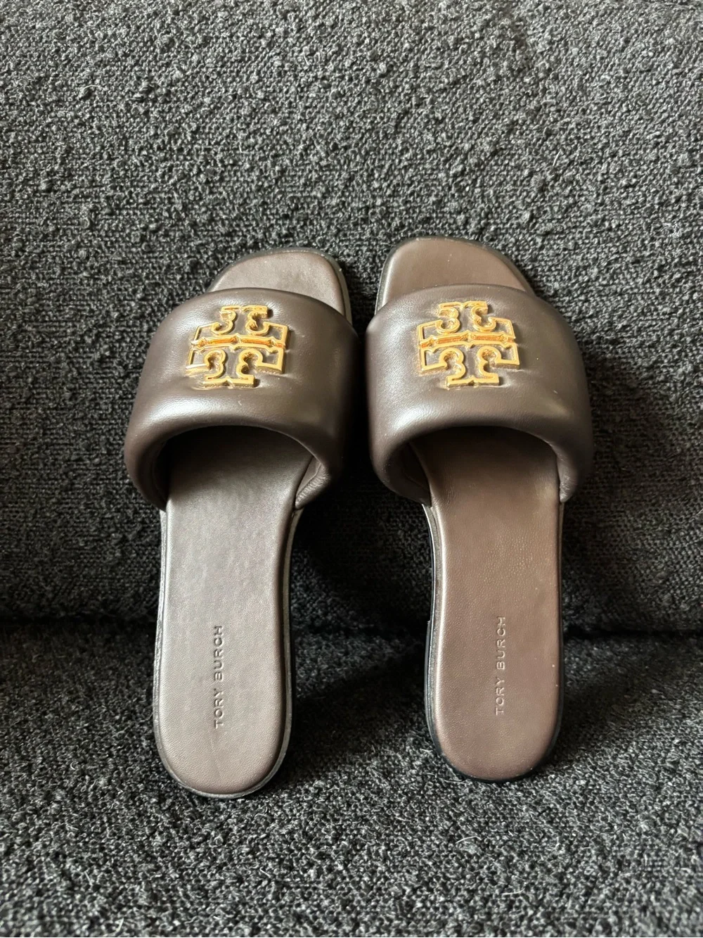 Tory Burch Dark Mahogany Britten Puffy Slide with Gold Emblem